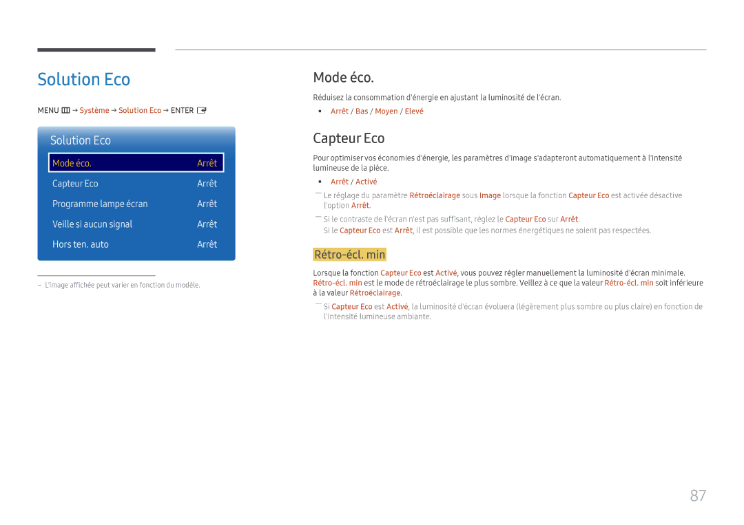 Samsung LH65QMFPLGC/EN, LH55QMFPLGC/EN, LH49QMFPLGC/EN manual Solution Eco, Mode éco, Capteur Eco, Rétro-écl. min 