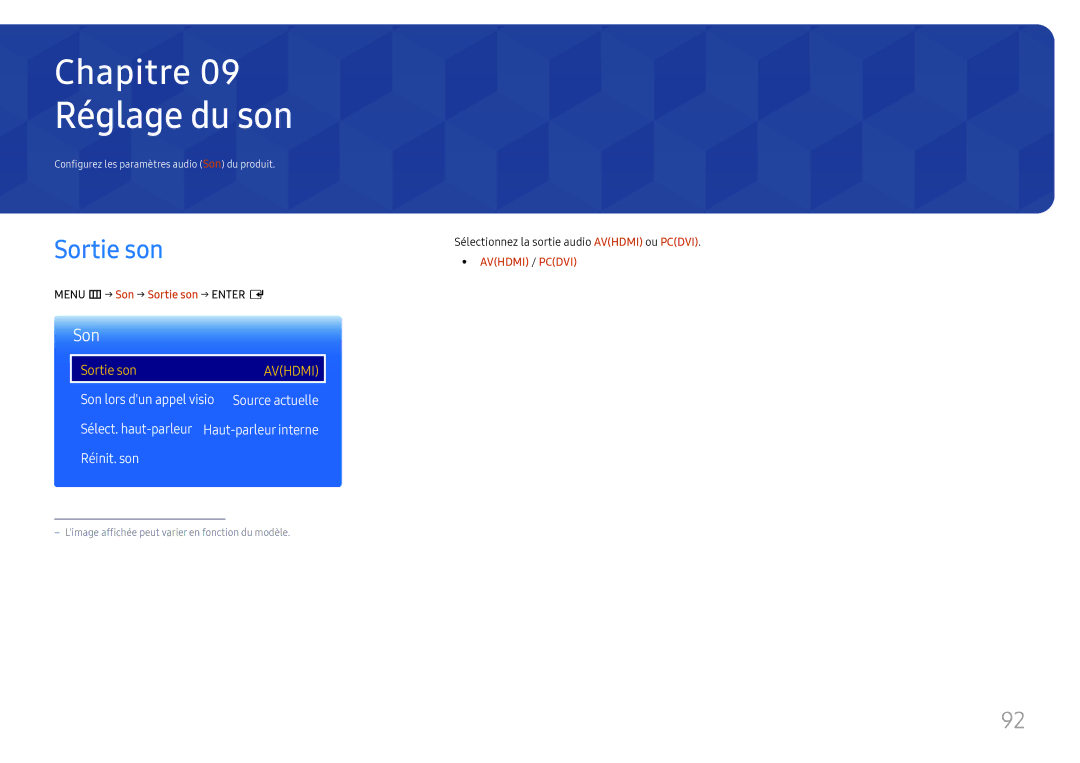 Samsung LH49QMFPLGC/EN, LH65QMFPLGC/EN, LH55QMFPLGC/EN manual Réglage du son, Sortie son, Son lors dun appel visio 