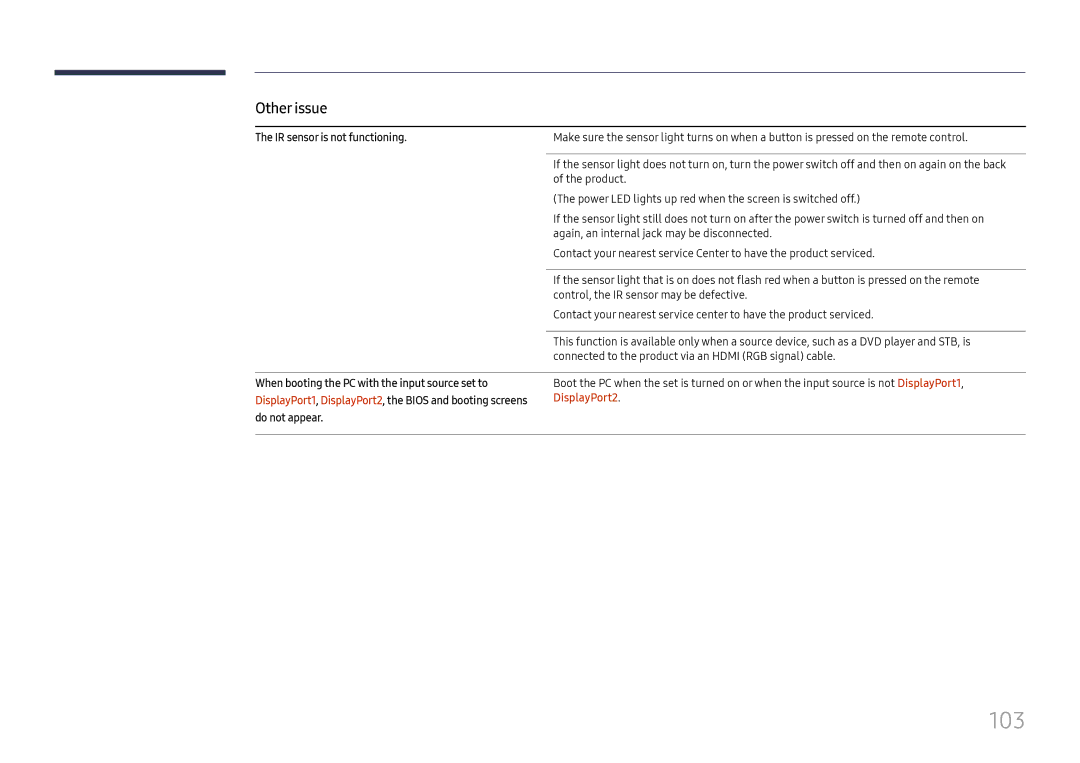 Samsung LH55QMFPLGC/EN 103, IR sensor is not functioning, When booting the PC with the input source set to, DisplayPort2 