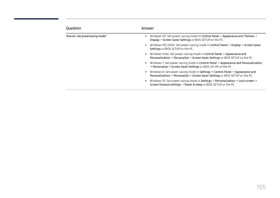 Samsung LH65QMFPLGC/EN, LH55QMFPLGC/EN, LH49QMFPLGC/EN manual 105, Question, How do I set powersaving mode? 