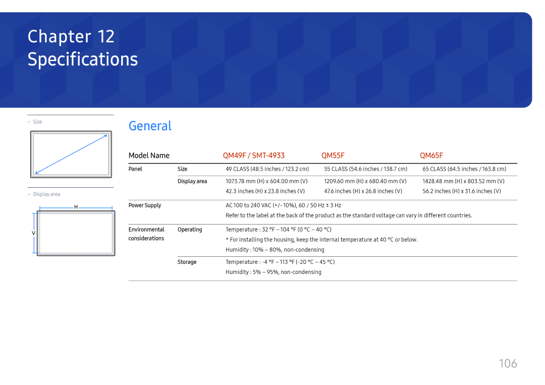 Samsung LH55QMFPLGC/EN, LH65QMFPLGC/EN, LH49QMFPLGC/EN manual Specifications, 106 