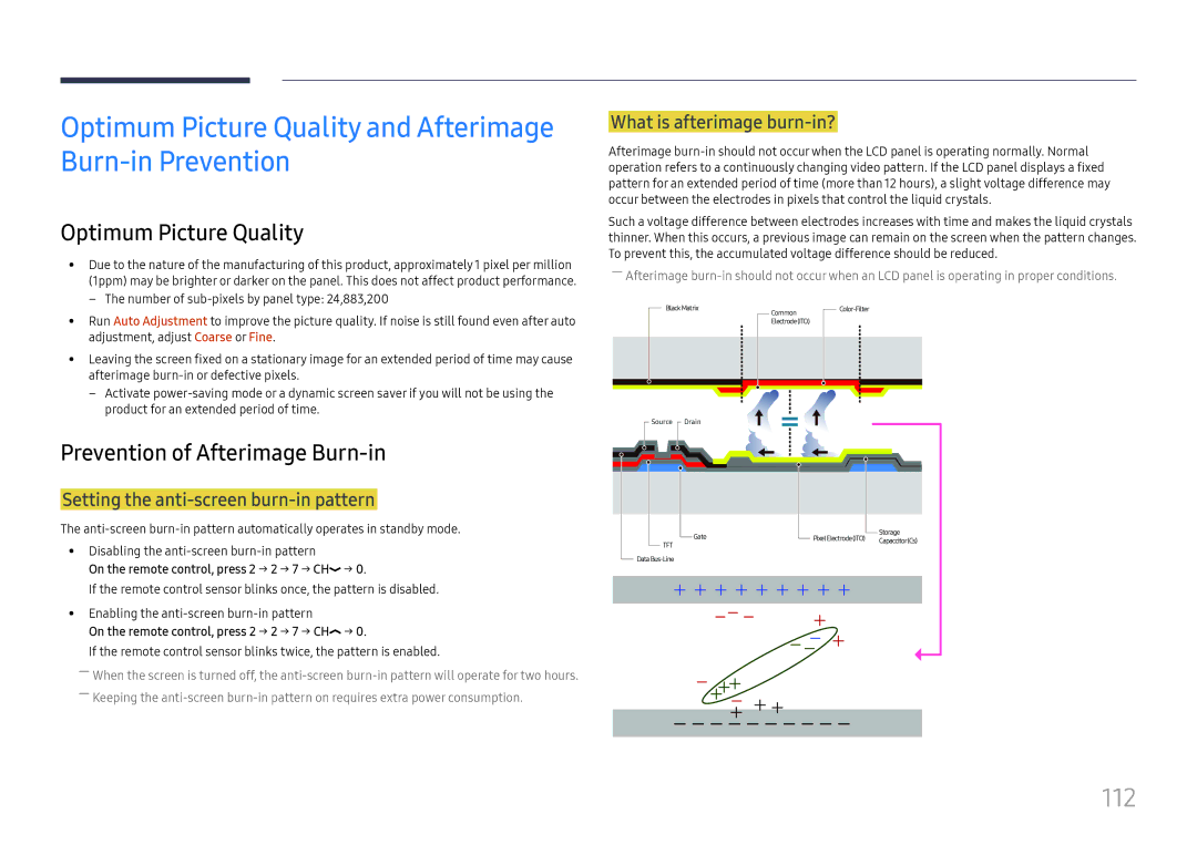 Samsung LH55QMFPLGC/EN Optimum Picture Quality and Afterimage Burn-in Prevention, 112, Prevention of Afterimage Burn-in 