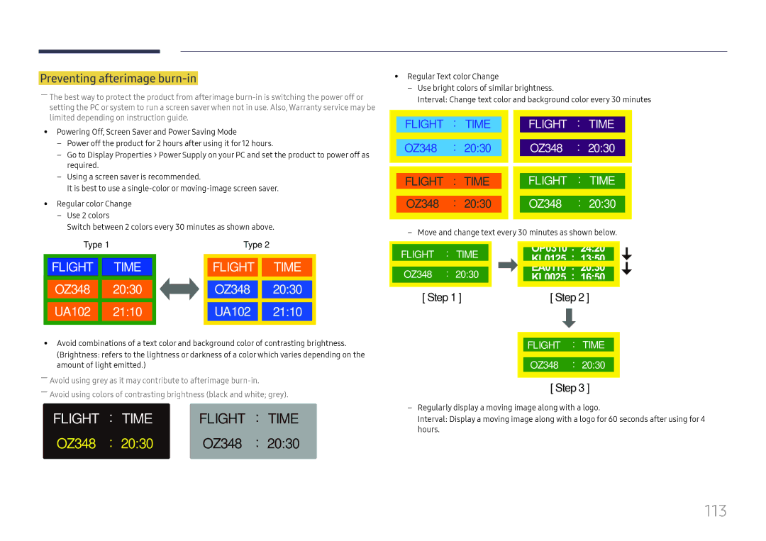 Samsung LH49QMFPLGC/EN, LH65QMFPLGC/EN, LH55QMFPLGC/EN manual 113, Preventing afterimage burn-in 