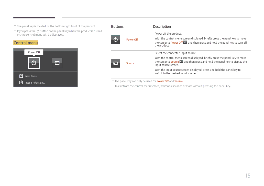 Samsung LH65QMFPLGC/EN, LH55QMFPLGC/EN, LH49QMFPLGC/EN manual Control menu, Buttons Description, Power Off 