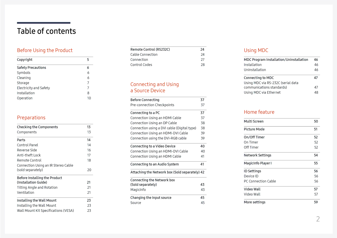 Samsung LH49QMFPLGC/EN, LH65QMFPLGC/EN, LH55QMFPLGC/EN manual Table of contents 