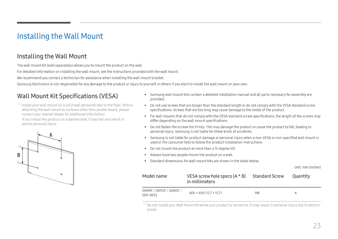 Samsung LH49QMFPLGC/EN, LH65QMFPLGC/EN manual Installing the Wall Mount, Wall Mount Kit Specifications Vesa, Model name 