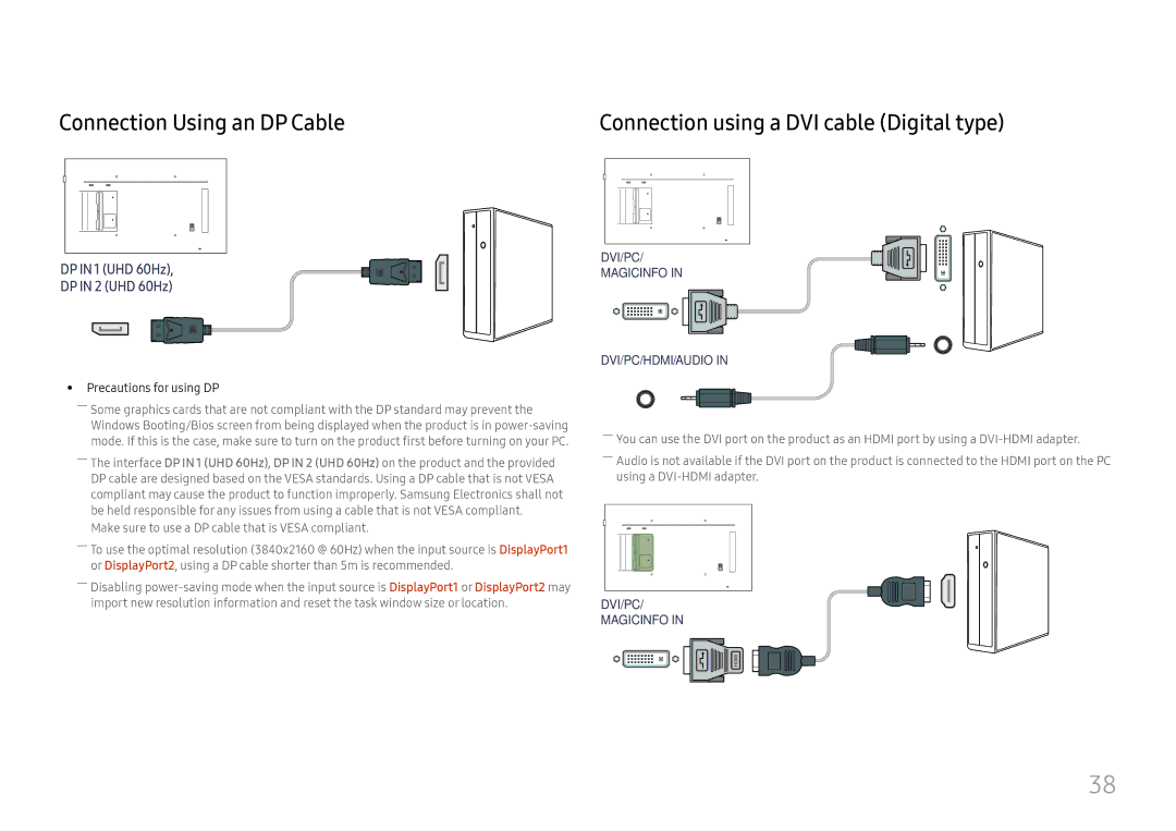 Samsung LH49QMFPLGC/EN, LH65QMFPLGC/EN manual Connection Using an DP Cable, Connection using a DVI cable Digital type 