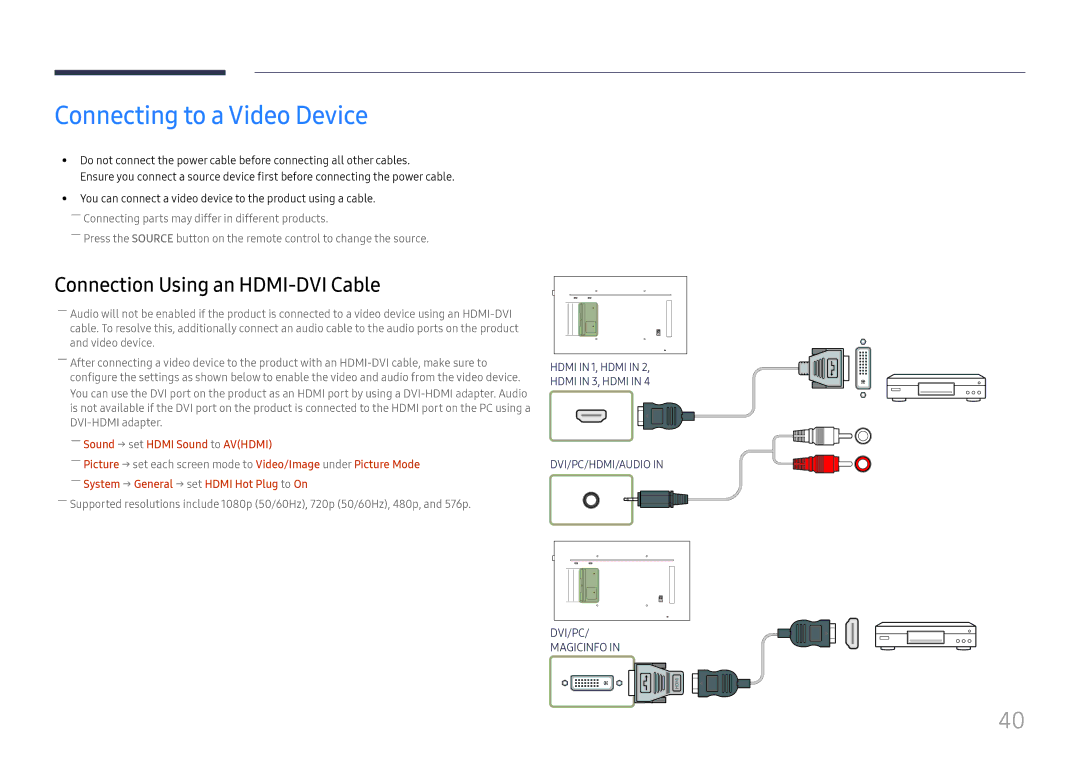 Samsung LH55QMFPLGC/EN, LH65QMFPLGC/EN, LH49QMFPLGC/EN Connecting to a Video Device, ――Sound → set Hdmi Sound to Avhdmi 