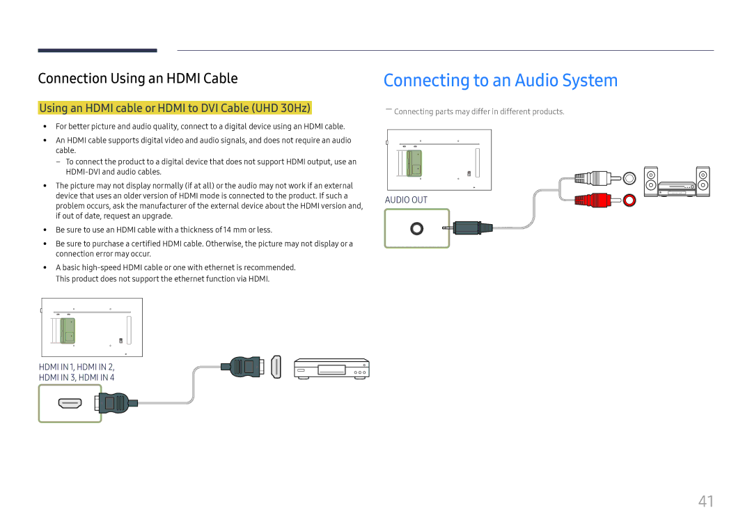 Samsung LH49QMFPLGC/EN, LH65QMFPLGC/EN Connecting to an Audio System, Using an Hdmi cable or Hdmi to DVI Cable UHD 30Hz 