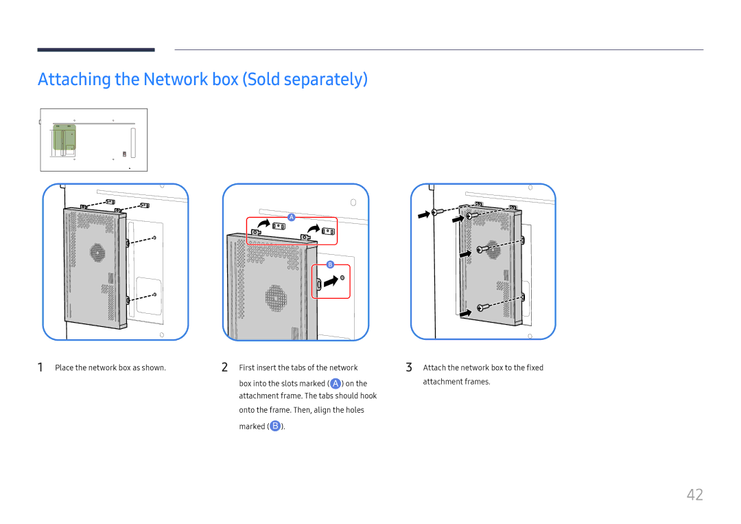 Samsung LH65QMFPLGC/EN, LH55QMFPLGC/EN, LH49QMFPLGC/EN manual Attaching the Network box Sold separately 