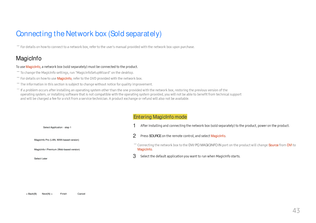 Samsung LH55QMFPLGC/EN, LH65QMFPLGC/EN manual Connecting the Network box Sold separately, Entering MagicInfo mode 