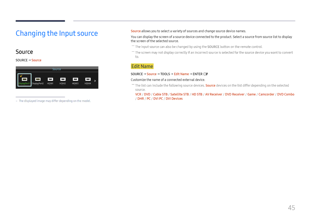 Samsung LH65QMFPLGC/EN, LH55QMFPLGC/EN, LH49QMFPLGC/EN manual Changing the Input source, Edit Name, Source → Source 