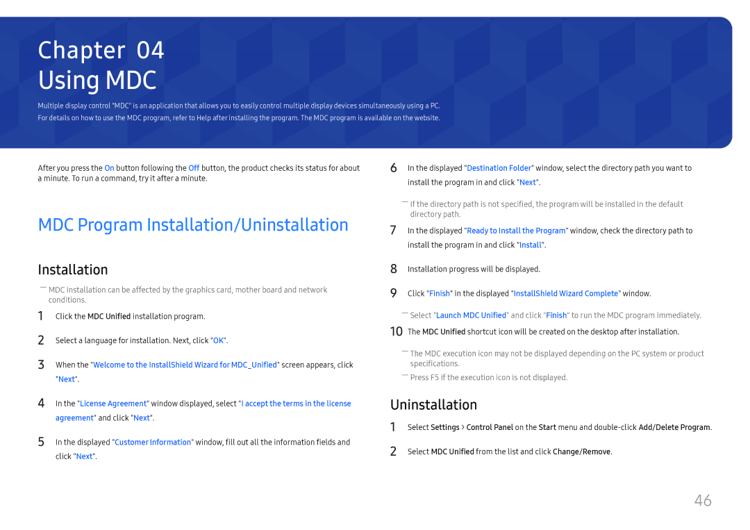 Samsung LH55QMFPLGC/EN, LH65QMFPLGC/EN, LH49QMFPLGC/EN manual Using MDC, Uninstallation 