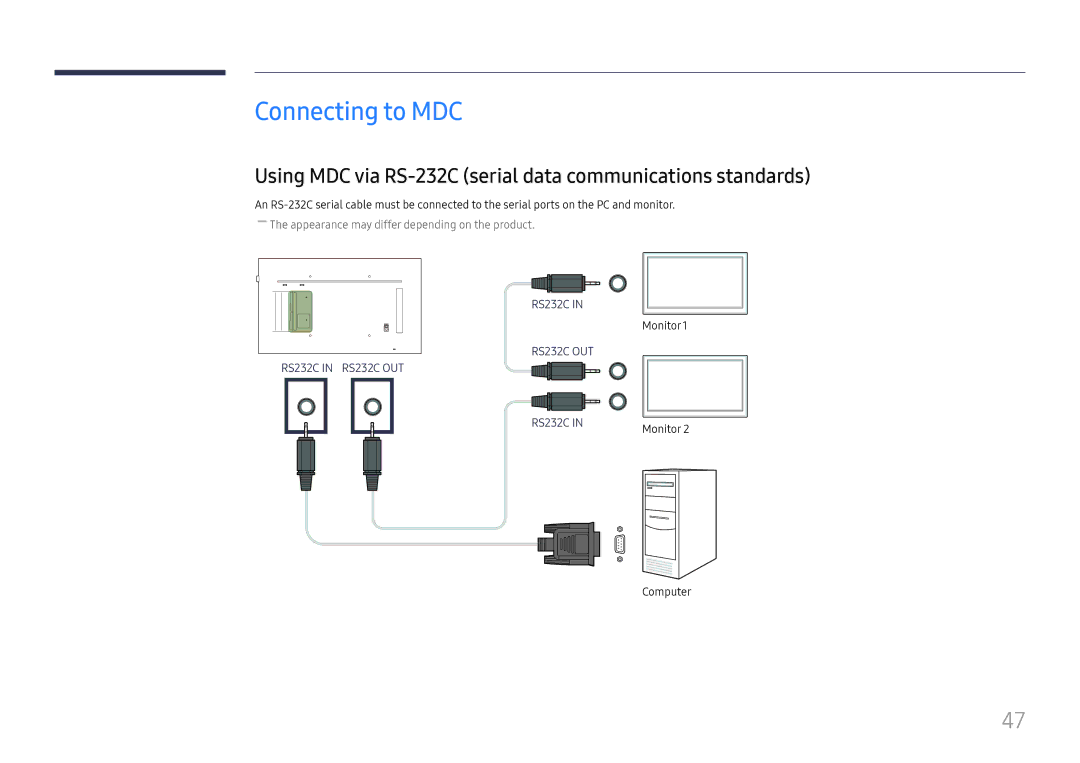 Samsung LH49QMFPLGC/EN, LH65QMFPLGC/EN manual Connecting to MDC, Using MDC via RS-232C serial data communications standards 