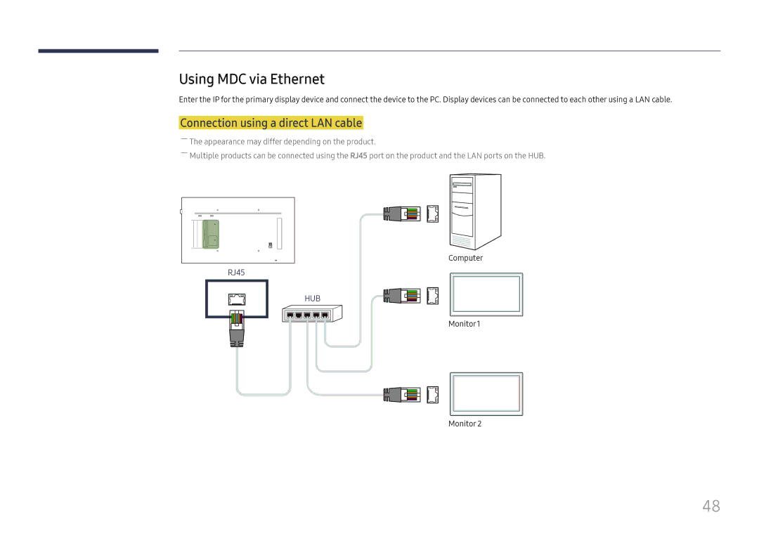 Samsung LH65QMFPLGC/EN, LH55QMFPLGC/EN, LH49QMFPLGC/EN manual Using MDC via Ethernet, Connection using a direct LAN cable 