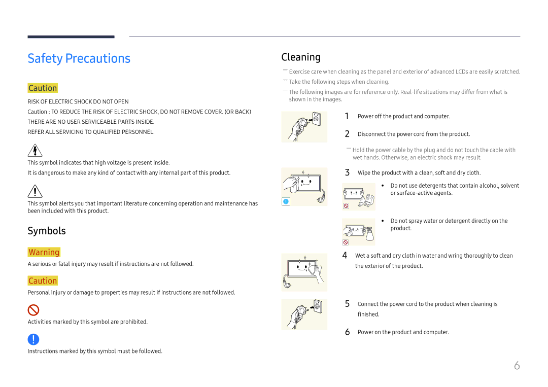 Samsung LH65QMFPLGC/EN, LH55QMFPLGC/EN manual Safety Precautions, Symbols, Cleaning, Power off the product and computer 