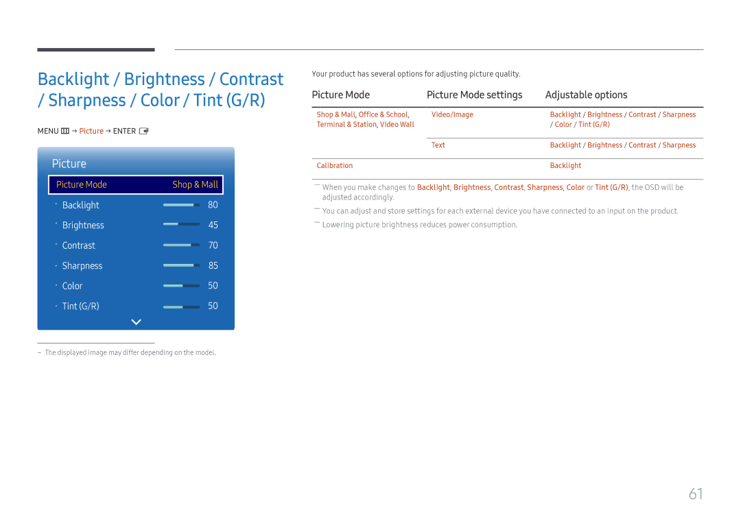 Samsung LH55QMFPLGC/EN, LH65QMFPLGC/EN Picture Mode Picture Mode settings Adjustable options, Menu m → Picture → Enter E 