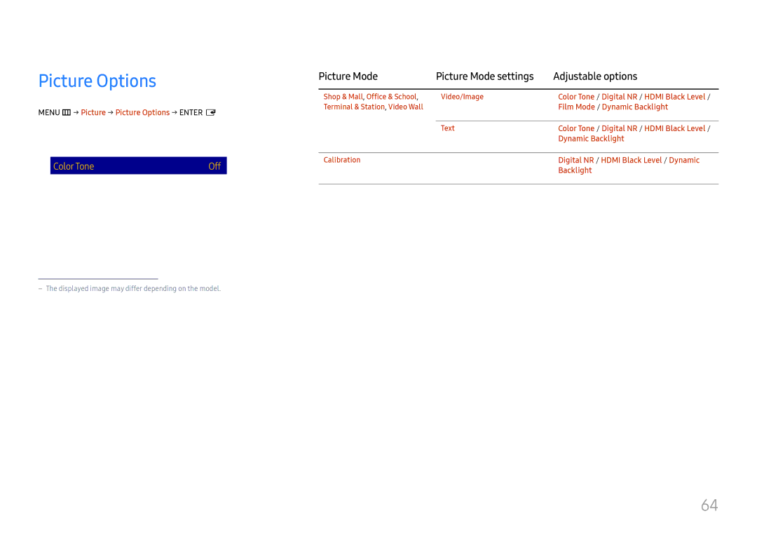 Samsung LH55QMFPLGC/EN, LH65QMFPLGC/EN Picture Options, Digital NR Off Hdmi Black Level, Film Mode Off Dynamic Backlight 