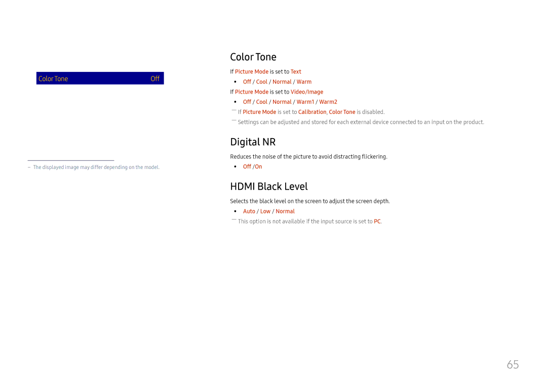 Samsung LH49QMFPLGC/EN, LH65QMFPLGC/EN manual Color Tone, Digital NR, Hdmi Black Level, Off /On, Auto / Low / Normal 