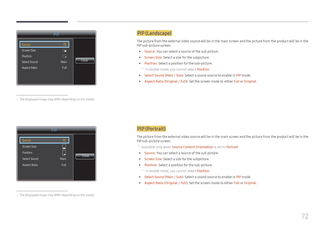 Samsung LH65QMFPLGC/EN, LH55QMFPLGC/EN, LH49QMFPLGC/EN manual PIP Landscape, PIP Portrait 