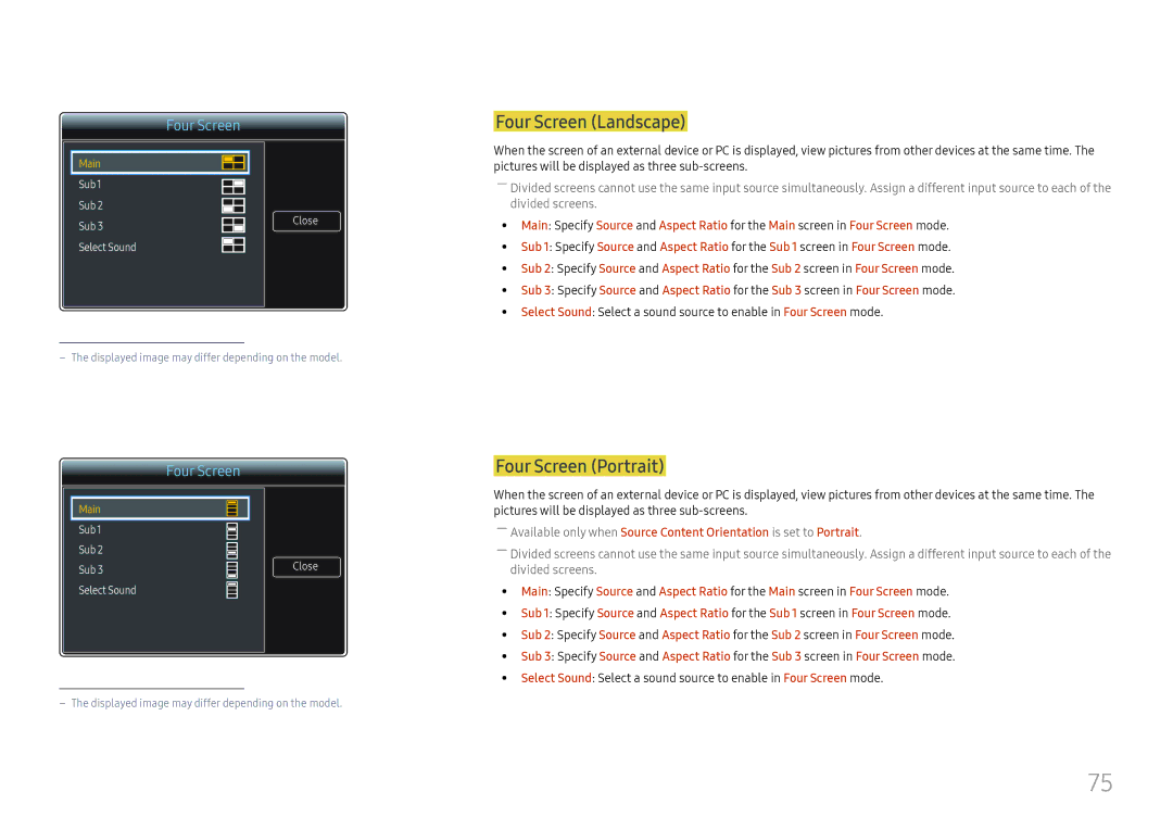 Samsung LH65QMFPLGC/EN, LH55QMFPLGC/EN, LH49QMFPLGC/EN manual Four Screen Landscape, Four Screen Portrait 