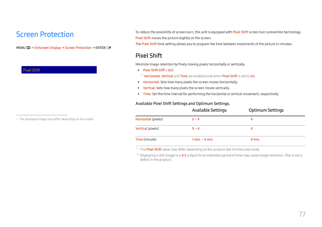 Samsung LH49QMFPLGC/EN, LH65QMFPLGC/EN, LH55QMFPLGC/EN Screen Protection, Pixel Shift, Available Settings Optimum Settings 