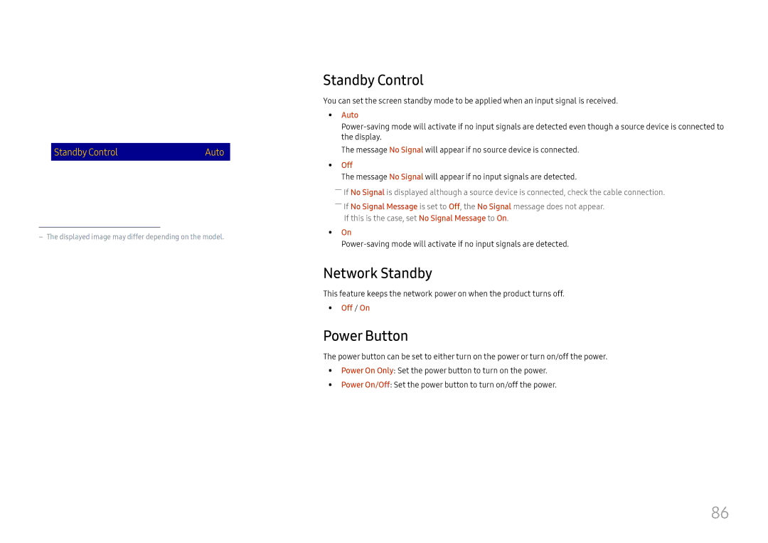 Samsung LH49QMFPLGC/EN, LH65QMFPLGC/EN Standby Control, Network Standby, Power Button, Auto Power On Off PC Module Power 