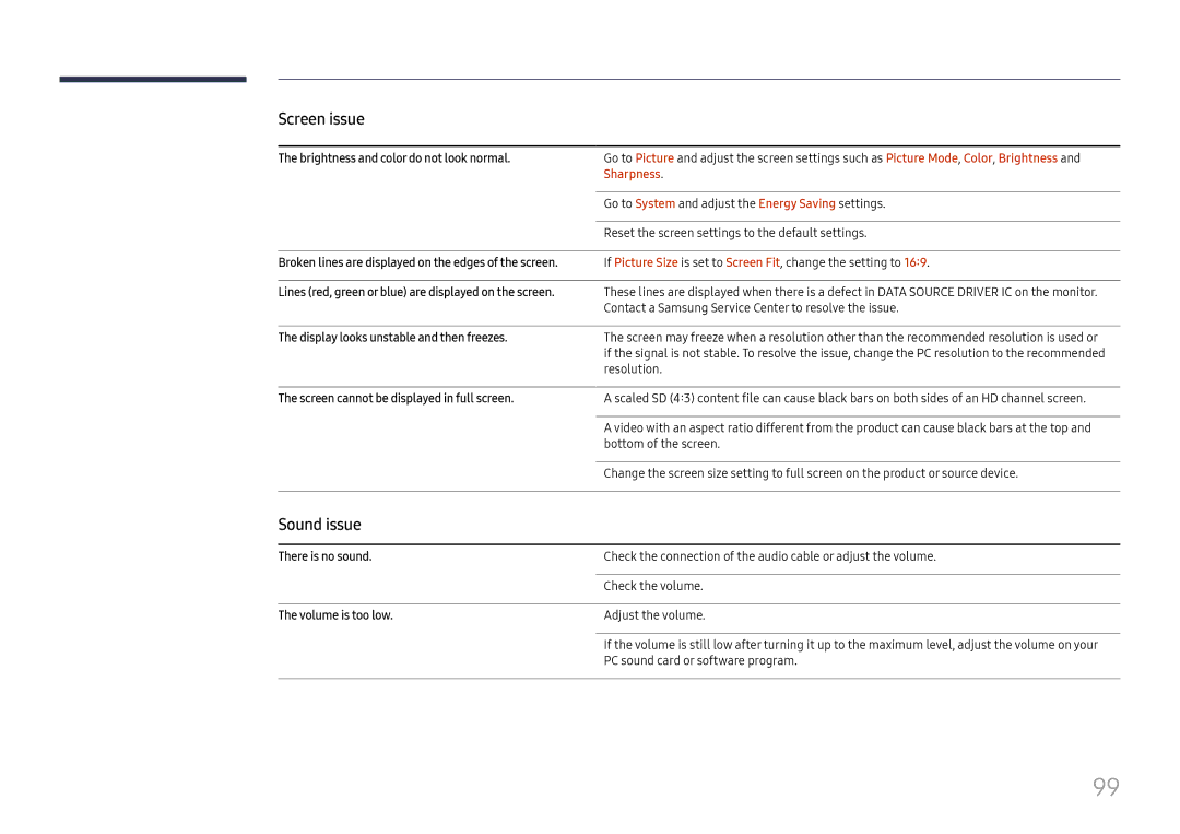 Samsung LH65QMFPLGC/EN, LH55QMFPLGC/EN, LH49QMFPLGC/EN manual Sound issue, Sharpness 