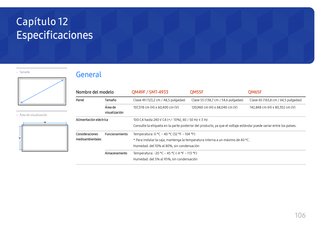 Samsung LH55QMFPLGC/EN, LH65QMFPLGC/EN, LH49QMFPLGC/EN manual Especificaciones, 106, Nombre del modelo 