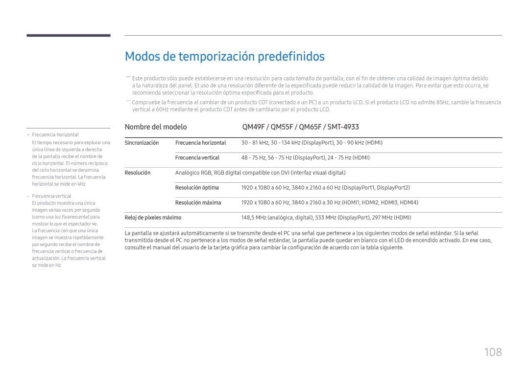 Samsung LH65QMFPLGC/EN manual Modos de temporización predefinidos, 108, Nombre del modelo QM49F / QM55F / QM65F / SMT-4933 