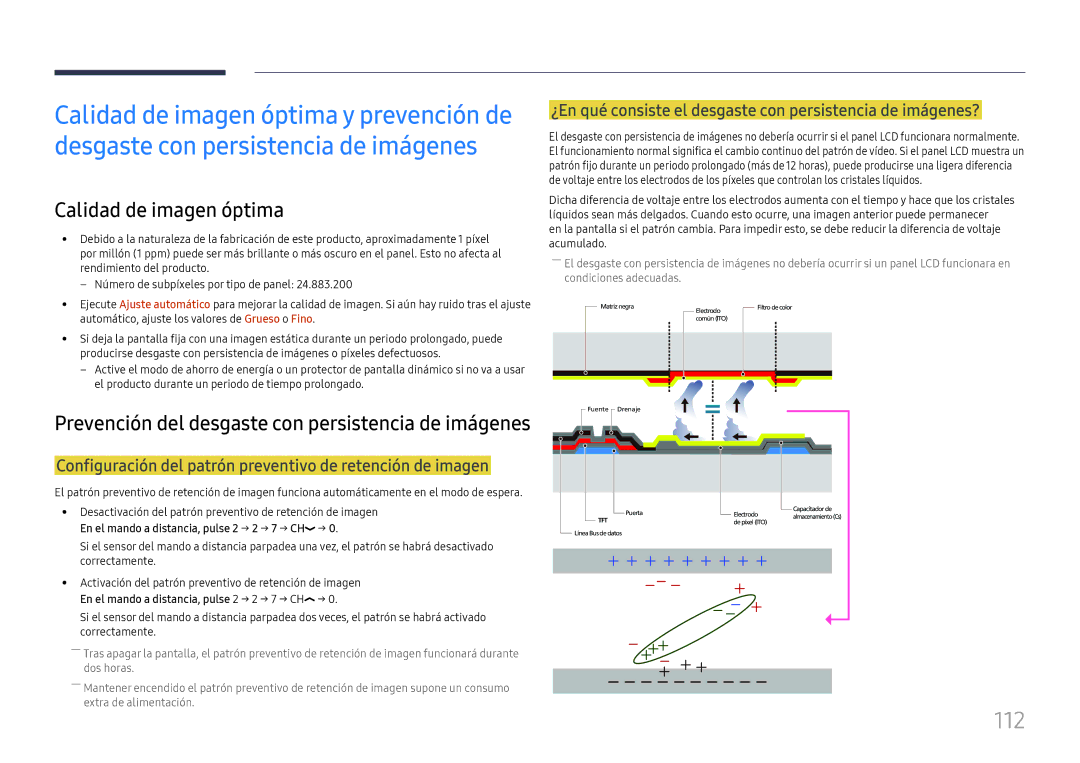 Samsung LH55QMFPLGC/EN manual 112, Calidad de imagen óptima, Configuración del patrón preventivo de retención de imagen 