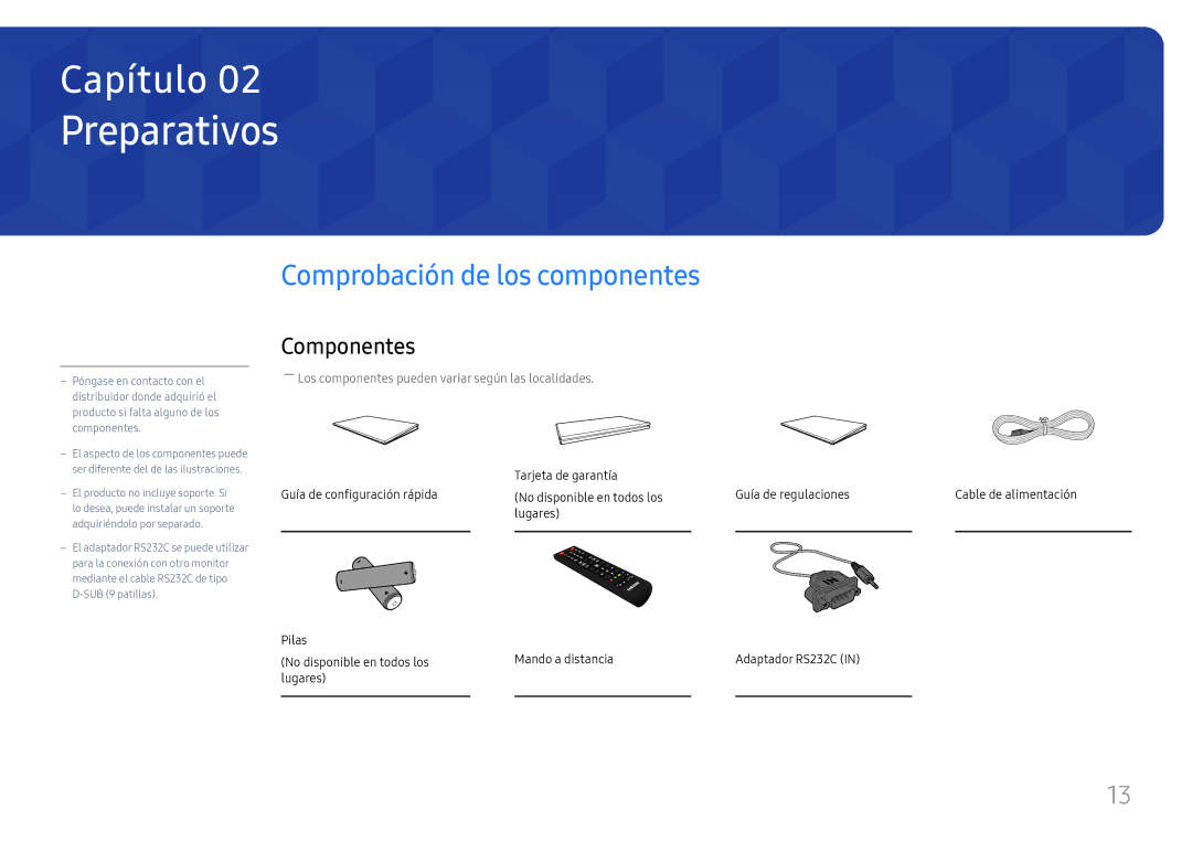 Samsung LH55QMFPLGC/EN, LH65QMFPLGC/EN, LH49QMFPLGC/EN manual Preparativos, Componentes, Tarjeta de garantía 