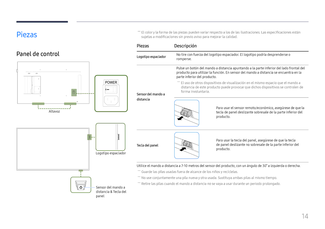 Samsung LH49QMFPLGC/EN, LH65QMFPLGC/EN manual Panel de control, Piezas Descripción, Logotipo espaciador, Tecla del panel 