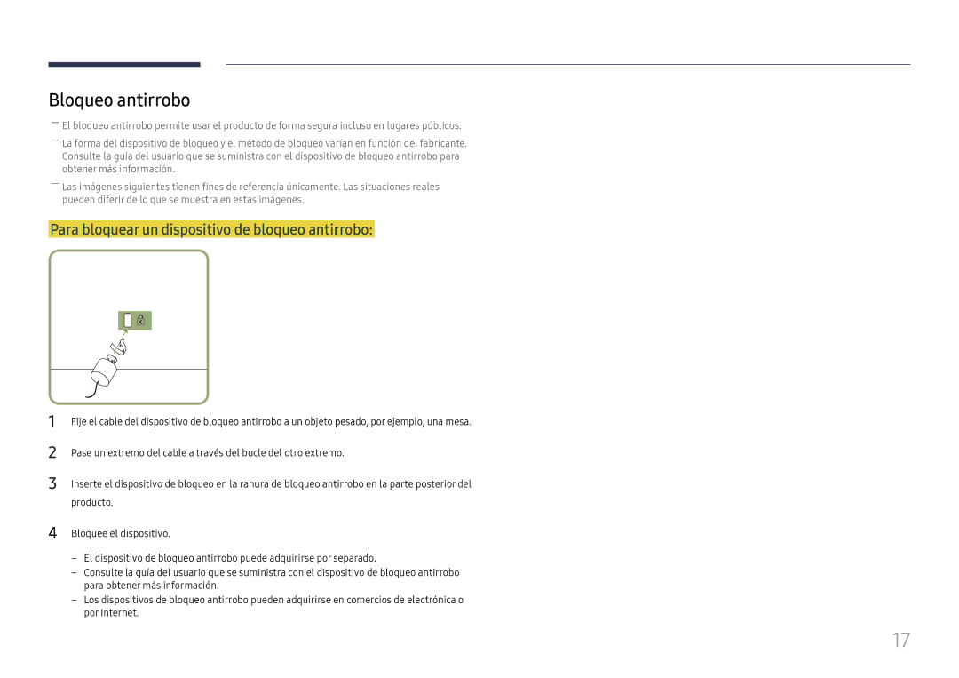 Samsung LH49QMFPLGC/EN, LH65QMFPLGC/EN, LH55QMFPLGC/EN Bloqueo antirrobo, Para bloquear un dispositivo de bloqueo antirrobo 