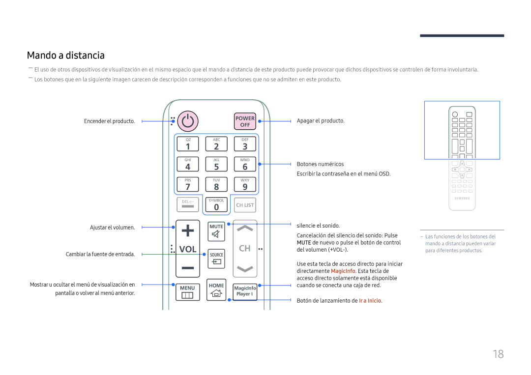 Samsung LH65QMFPLGC/EN Mando a distancia, Encender el producto Ajustar el volumen, Botón de lanzamiento de Ir a Inicio 