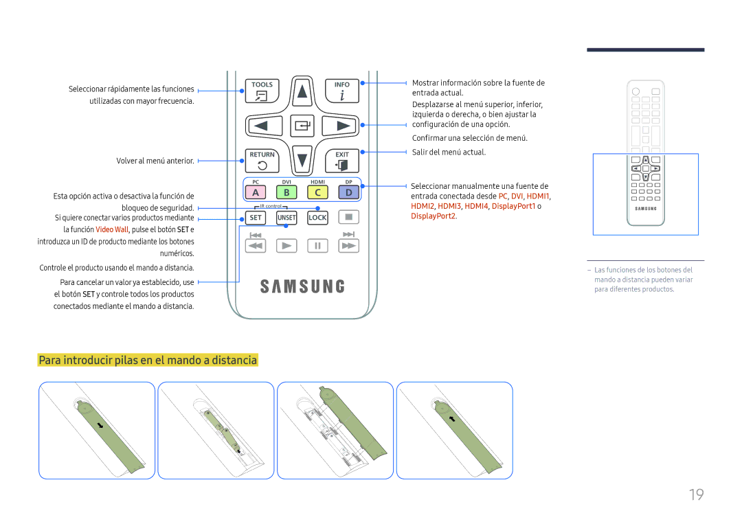 Samsung LH55QMFPLGC/EN, LH65QMFPLGC/EN manual Para introducir pilas en el mando a distancia, Utilizadas con mayor frecuencia 