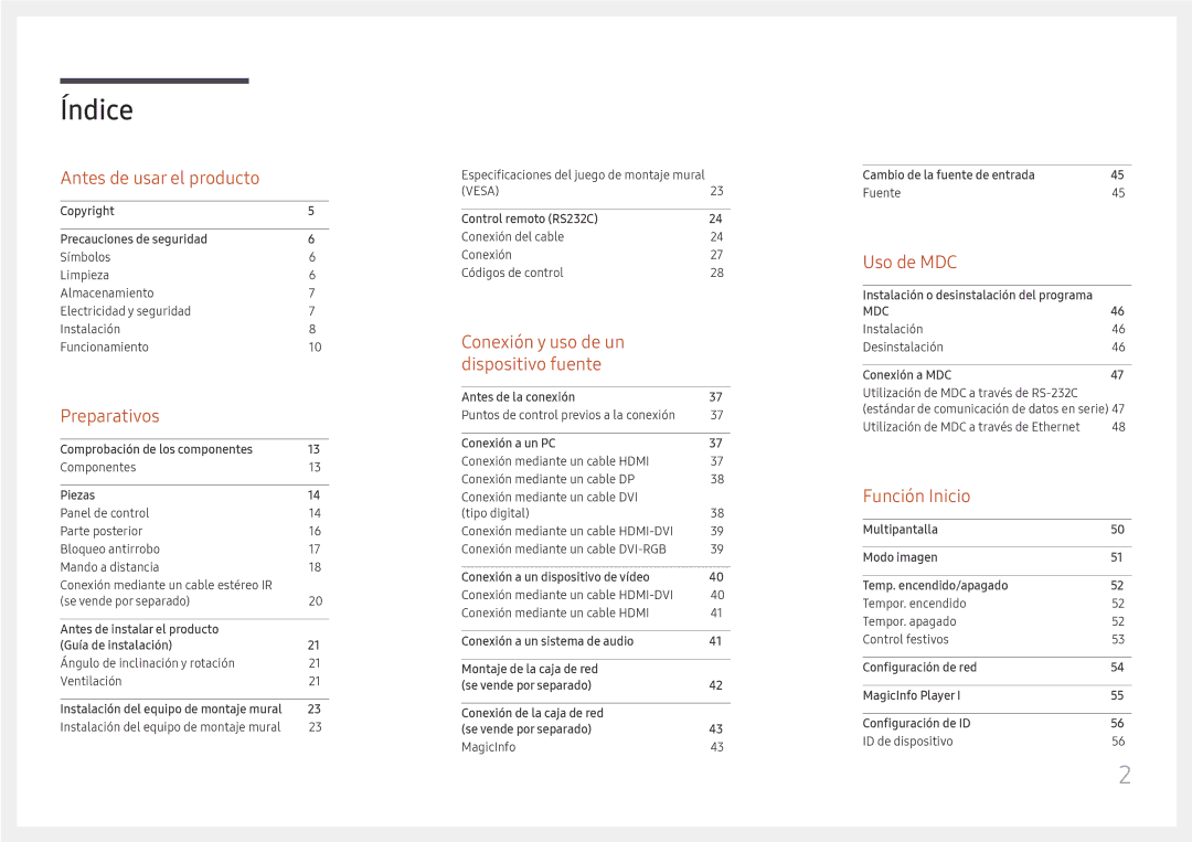 Samsung LH49QMFPLGC/EN, LH65QMFPLGC/EN, LH55QMFPLGC/EN manual Índice 