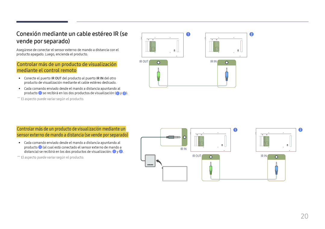 Samsung LH49QMFPLGC/EN manual Conexión mediante un cable estéreo IR se vende por separado, Mediante el control remoto 