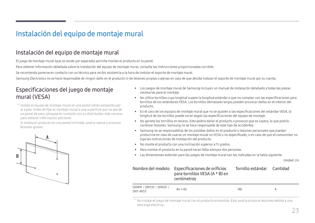Samsung LH49QMFPLGC/EN manual Instalación del equipo de montaje mural, Especificaciones del juego de montaje mural Vesa 