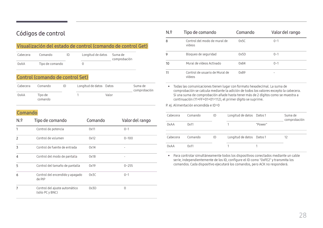 Samsung LH55QMFPLGC/EN manual Códigos de control, Visualización del estado de control comando de control Get, Comando 