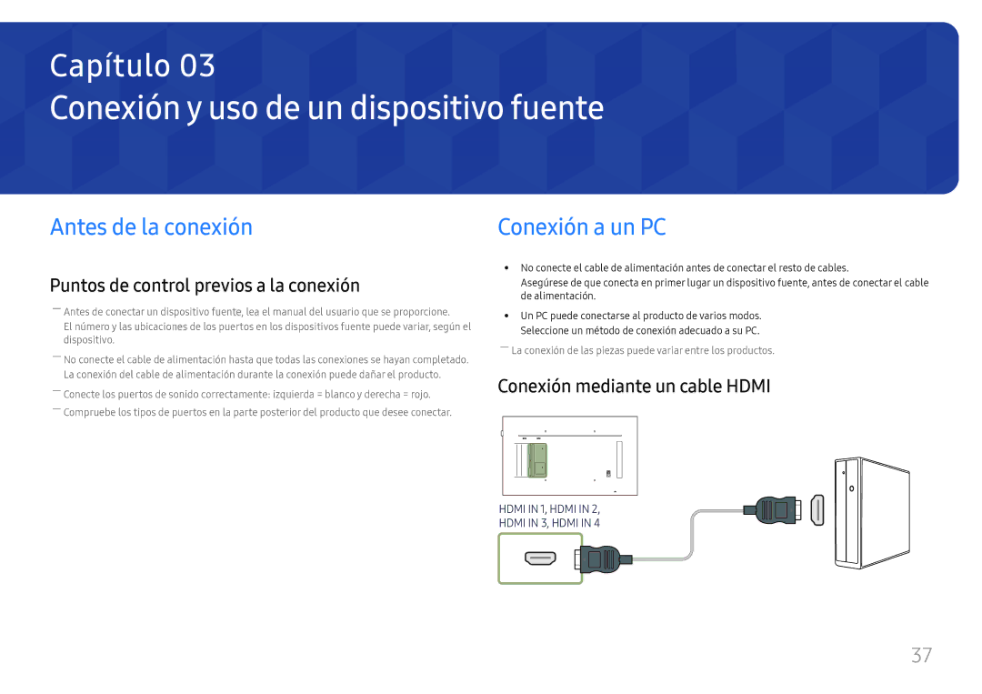 Samsung LH55QMFPLGC/EN, LH65QMFPLGC/EN Conexión y uso de un dispositivo fuente, Antes de la conexión, Conexión a un PC 