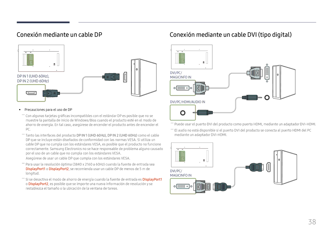 Samsung LH49QMFPLGC/EN, LH65QMFPLGC/EN, LH55QMFPLGC/EN manual Conexión mediante un cable DP, Precauciones para el uso de DP 