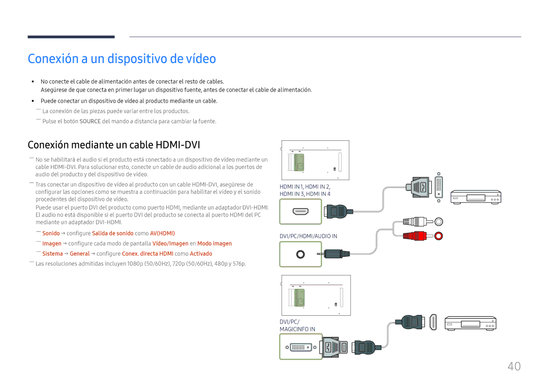 Samsung LH55QMFPLGC/EN manual Conexión a un dispositivo de vídeo, ――Sonido → configure Salida de sonido como Avhdmi 