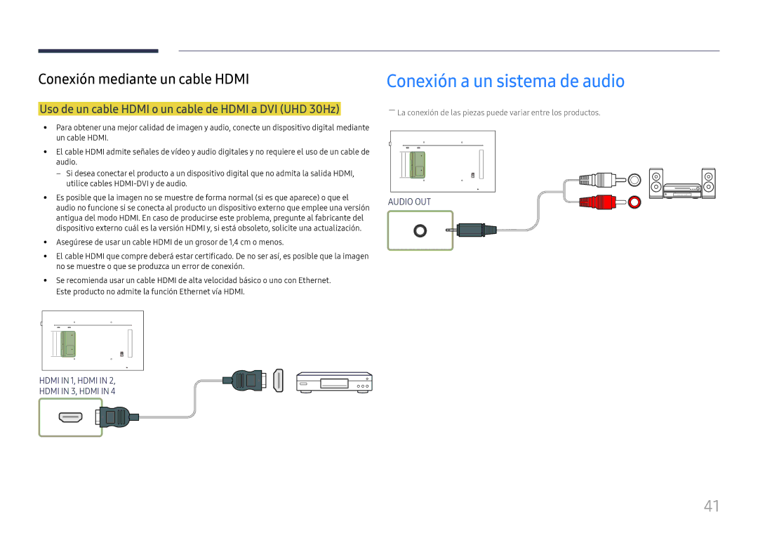 Samsung LH49QMFPLGC/EN manual Conexión a un sistema de audio, Uso de un cable Hdmi o un cable de Hdmi a DVI UHD 30Hz 