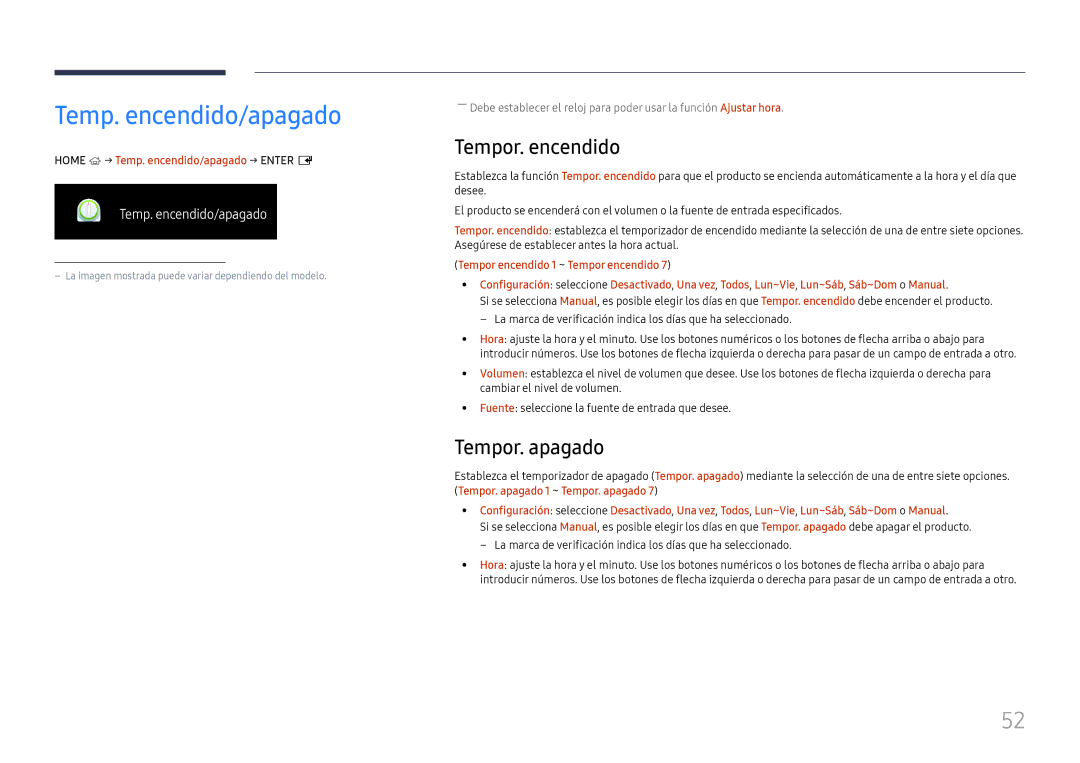 Samsung LH55QMFPLGC/EN, LH65QMFPLGC/EN, LH49QMFPLGC/EN manual Temp. encendido/apagado, Tempor. encendido, Tempor. apagado 