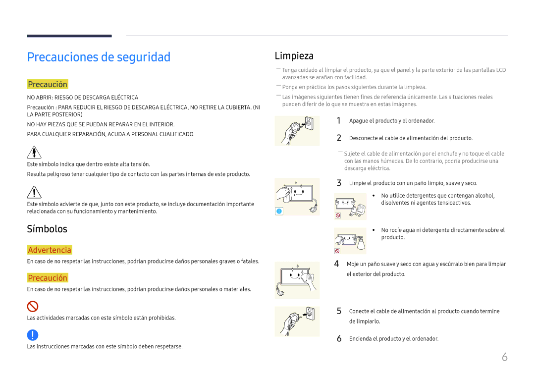 Samsung LH65QMFPLGC/EN manual Precauciones de seguridad, Símbolos, Limpieza, Precaución, Apague el producto y el ordenador 