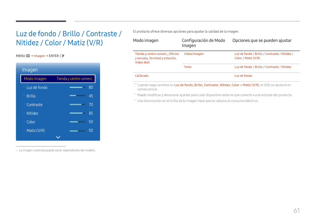 Samsung LH55QMFPLGC/EN, LH65QMFPLGC/EN, LH49QMFPLGC/EN Modo imagen Configuración de Modo, Menu m → Imagen → Enter E 