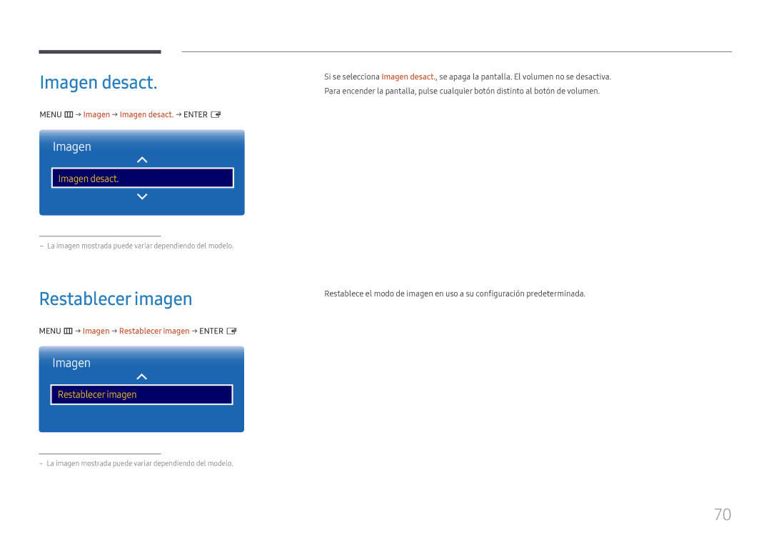 Samsung LH55QMFPLGC/EN, LH65QMFPLGC/EN, LH49QMFPLGC/EN Restablecer imagen, Menu m → Imagen → Imagen desact. → Enter E 