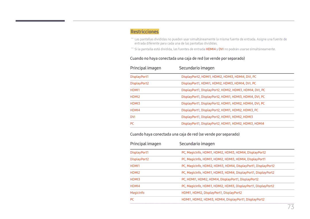 Samsung LH55QMFPLGC/EN, LH65QMFPLGC/EN, LH49QMFPLGC/EN manual Restricciones, Principal imagen Secundario imagen 