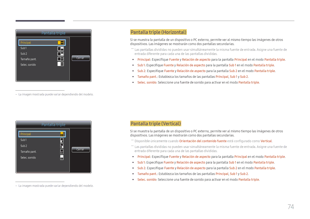 Samsung LH49QMFPLGC/EN, LH65QMFPLGC/EN, LH55QMFPLGC/EN manual Pantalla triple Horizontal, Pantalla triple Vertical 